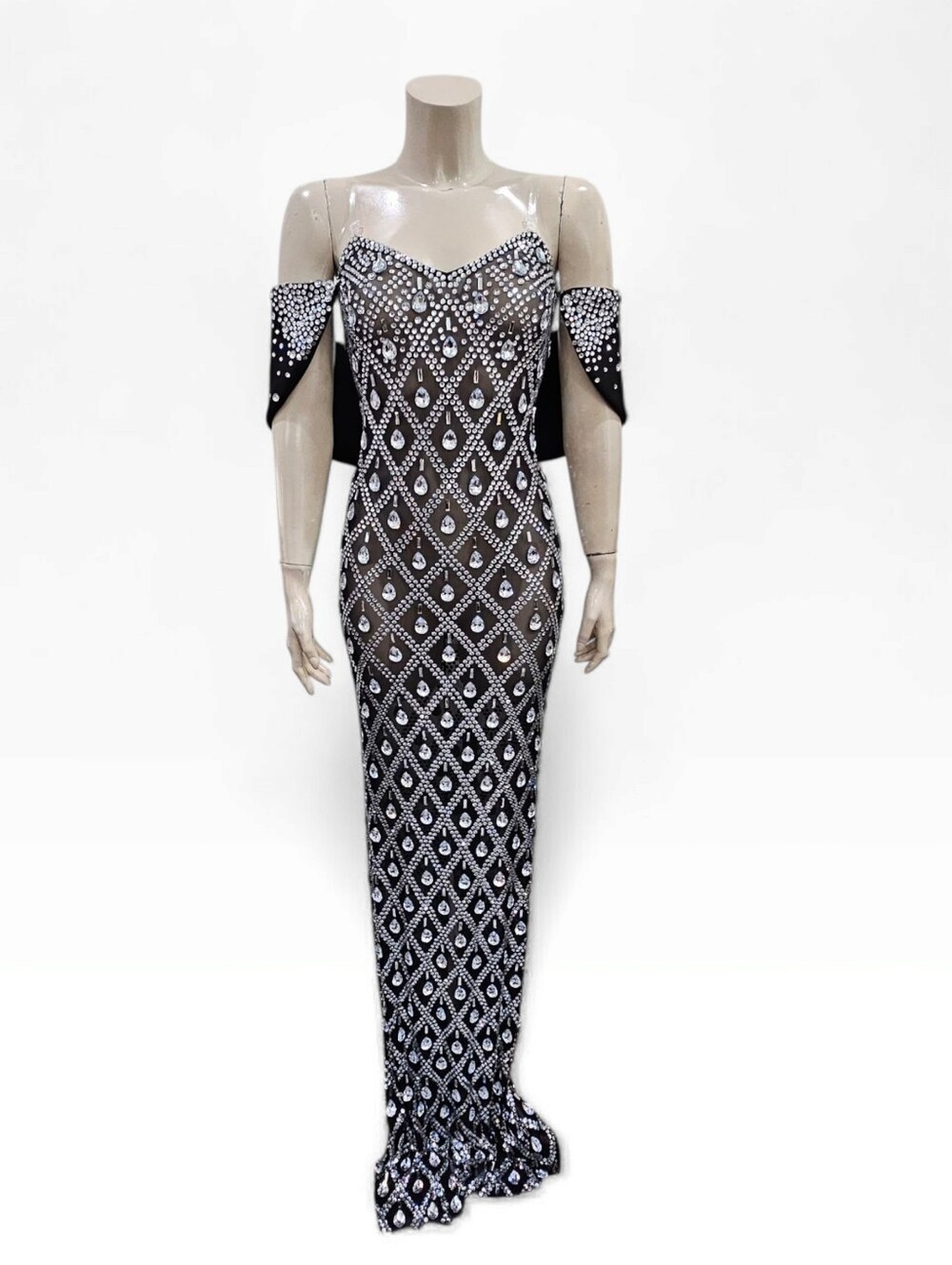 Nwt MEW MEWS Black Mesh Crystal Embellished Shawl Semi Sheer Long Gown S